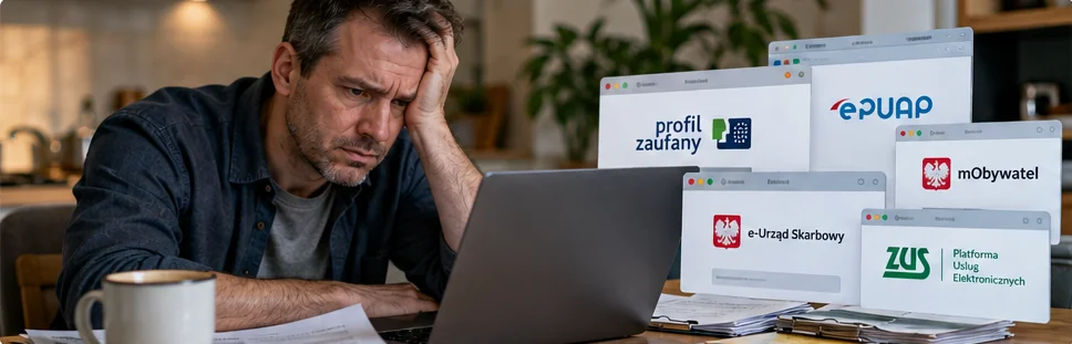 Ilustracja sfrustrowanego obywatela próbującego skorzystać z wielu internetowych usług administracji