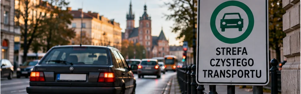 Ilustracja starszego samochodu przed oznaczeniem strefy czystego transportu w mieście
