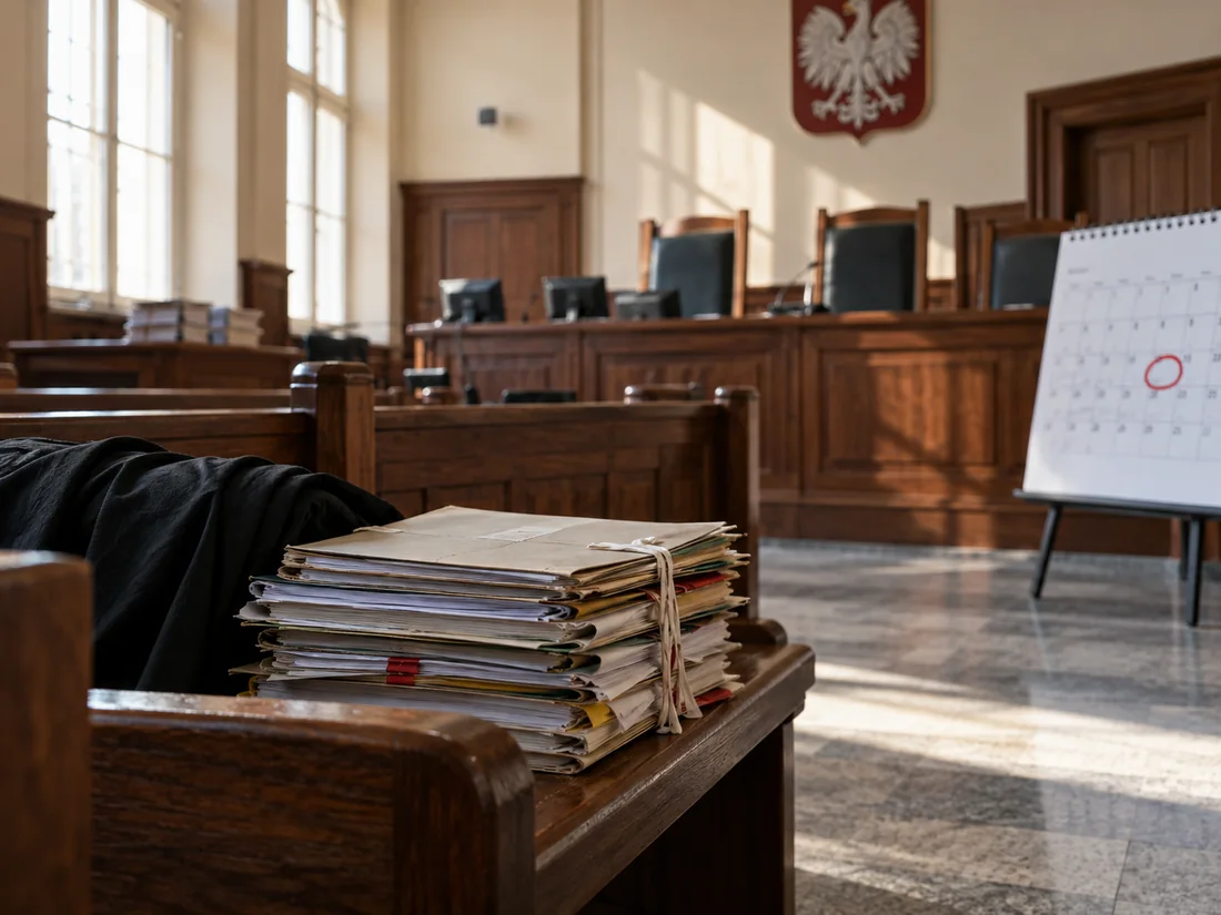 Ilustracja pustej sali sądowej z aktami sprawy i kalendarzem