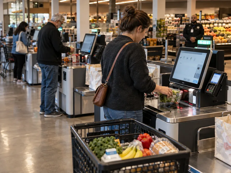 Klienci samodzielnie skanują produkty w strefie kas samoobsługowych supermarketu