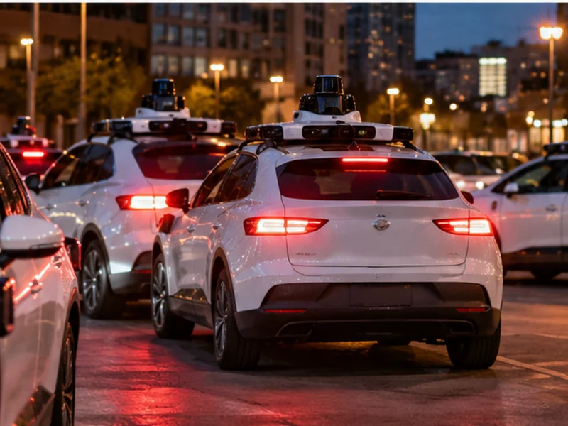 Autonomiczne taksówki stoją nocą na miejskim parkingu