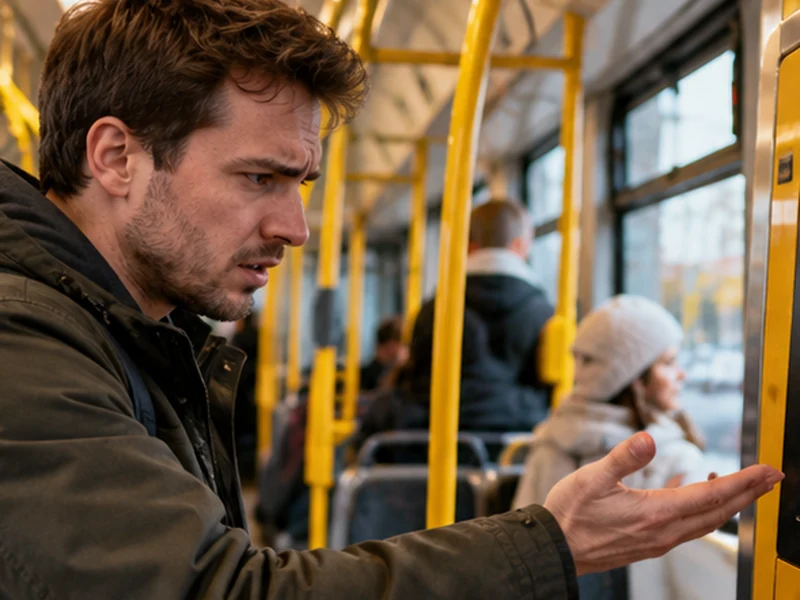 Pasażer w tramwaju próbuje skorzystać z elektronicznego biletomatu