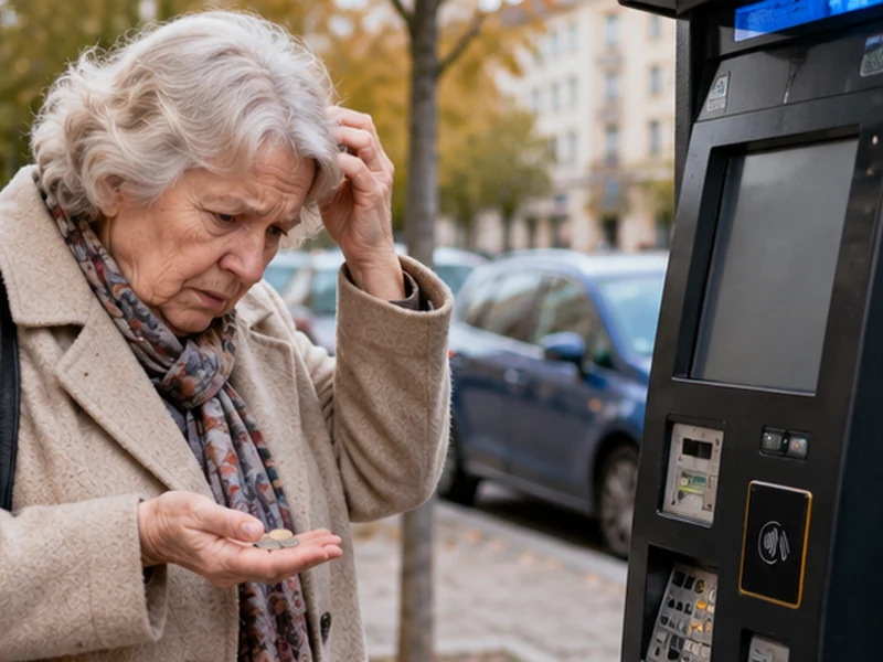 Starsza kobieta przy nowoczesnym parkomacie w mieście, próbująca zapłacić za parking